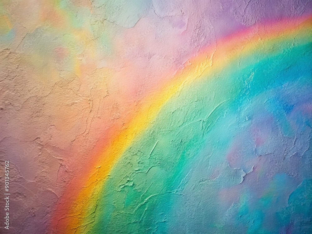 Softly blended pastel hues of a rainbow emanate from a textured, abstract painting on a sleek, smooth wall, creating a serene and dreamy atmosphere. Softly blended pastel hues of a rainbow emanate from a textured, abstract painting on a sleek, smooth wall, creating a serene and dreamy atmosphere.