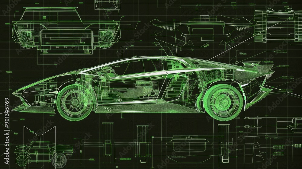 Obraz premium green blueprint of a car, black background, technical diagrams