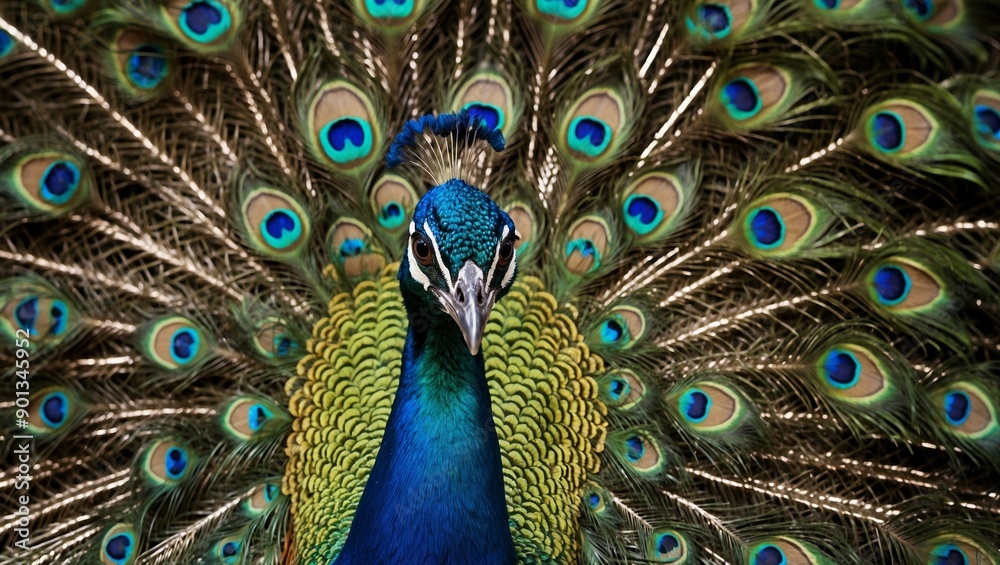 Fototapeta premium Majestic peacock with vibrant feathers fully displayed