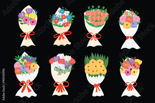 set of beautiful bouquet illustration design element. Set Blossomed floral bunches from cut garden and field blooms, florist design templates