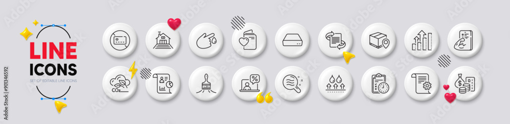 Terrace, Fitness and Exam time line icons. White buttons 3d icons. Pack of Technical documentation, No card, Online tax icon. Blood donation, Marketing, Brush pictogram. Vector Terrace, Fitness and Exam time line icons. White buttons 3d icons. Pack of Technical documentation, No card, Online tax icon. Blood donation, Marketing, Brush pictogram. Vector