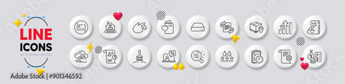 Terrace, Fitness and Exam time line icons. White buttons 3d icons. Pack of Technical documentation, No card, Online tax icon. Blood donation, Marketing, Brush pictogram. Vector