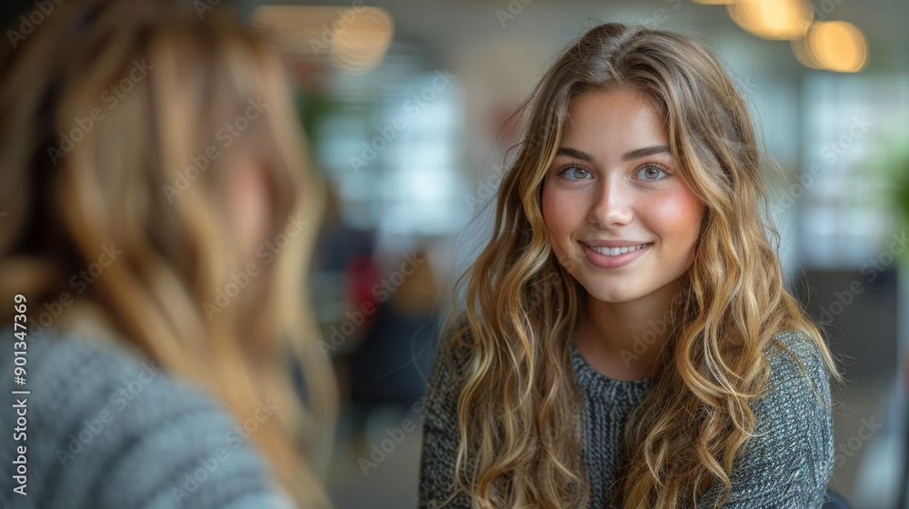interview, two women sitting in an office, facing each other, smile, brown hair, brown eyes. interview, two women sitting in an office, facing each other, smile, brown hair, brown eyes.