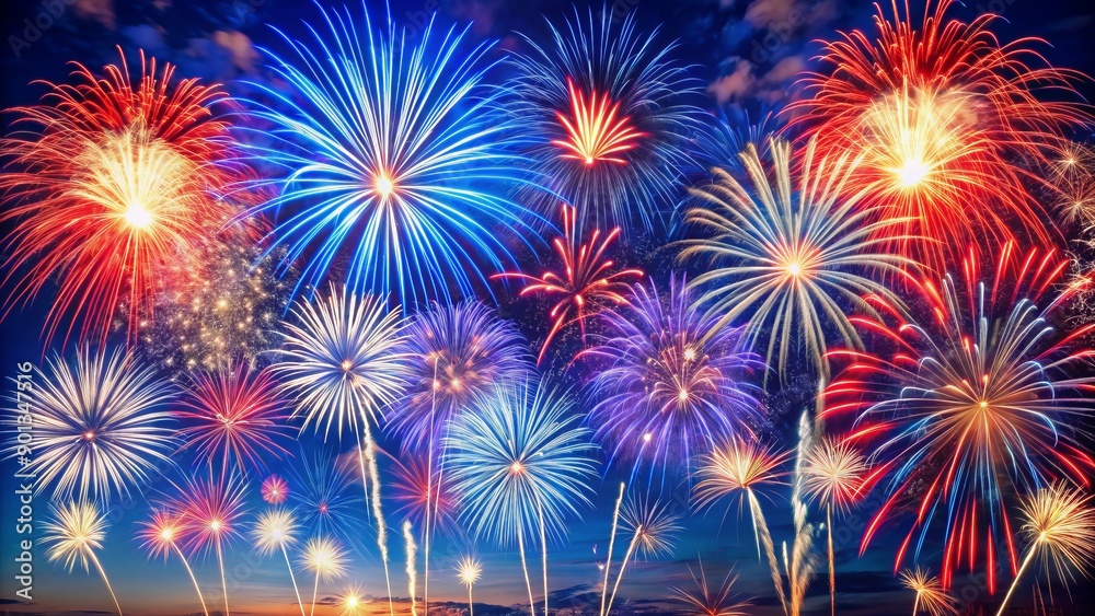 Vibrant red, white, and blue fireworks burst across a clear blue sky, filling the atmosphere with explosive color and patriotic energy on a celebratory night. Vibrant red, white, and blue fireworks burst across a clear blue sky, filling the atmosphere with explosive color and patriotic energy on a celebratory night.