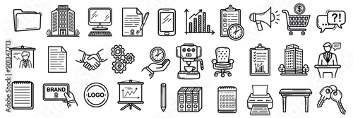 Business and Office Vector Icon Collection. A set of icons related to Document, Computer, Conference, Marketing, Financial, Team, Calendar, Office workspace and more. Vector illustration