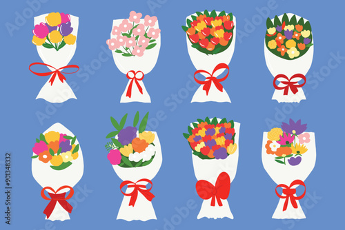 set of beautiful bouquet illustration design element. Set Blossomed floral bunches from cut garden and field blooms, florist design templates