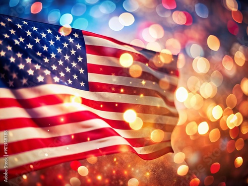 Soft focus American flag with dreamy bokeh overlay in vibrant red, white, and blue hues, evoking a sense of patriotic pride and celebratory joy. photo