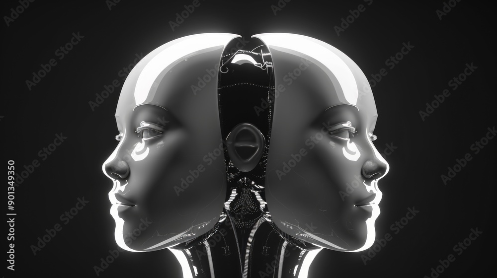 neon minimal robotic, two head front, white face, black background neon minimal robotic, two head front, white face, black background