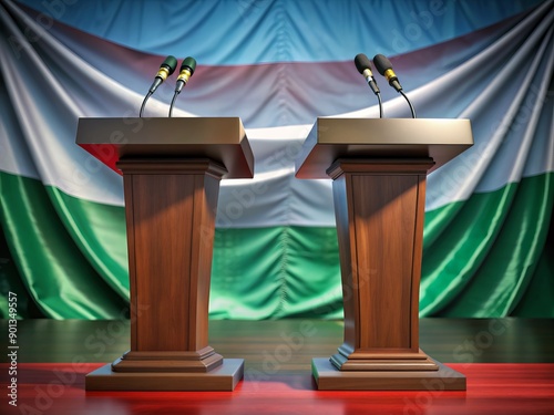 Empty debate stage with two lecterns adorned with microphones, set against a backdrop of majestic national flag, evoking a sense of patriotism and democratic dialogue.
