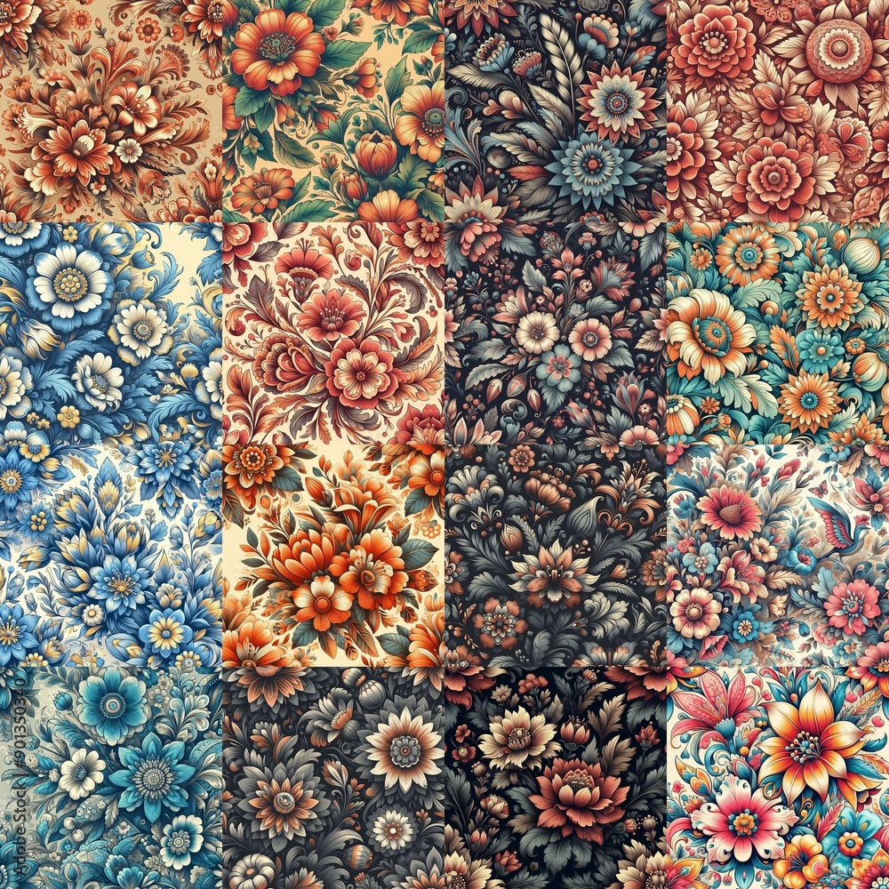 Petrykivka style flowers drawings. AI generated illustration Petrykivka style flowers drawings. AI generated illustration