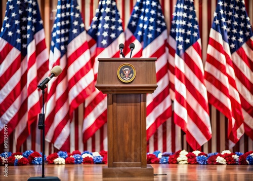 Empty podium with microphone awaits speaker at election campaign event, American flags and patriotic decorations adorn the stage, focus on democracy in action. photo