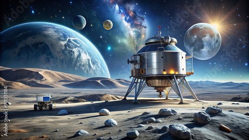 A stunning lunar landscape featuring a landed module on the Moon's surface, with the vibrant Earth in the distance, surrounded by a thriving, futuristic colony architecture. photo