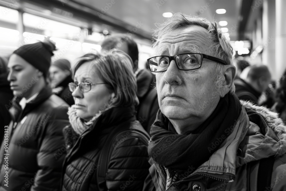 An elderly man with a concerned expression stands among a crowd in a monochrome hallway, capturing a moment of anticipation and uncertainty in a bustling environment. An elderly man with a concerned expression stands among a crowd in a monochrome hallway, capturing a moment of anticipation and uncertainty in a bustling environment.