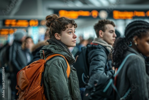 A person with a backpack stares thoughtfully as they stand amidst a crowd in a busy airport, highlighting the hustle and bustle of travel and contemplation.