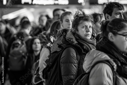 Wallpaper Mural An older individual stands wrapped in a scarf in a crowded space, appearing deep in thought, capturing a candid moment of pause in a busy environment. Torontodigital.ca