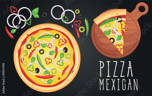 Pizza vector image. Fast food concept. Food for cafe and restaurant. Element for your website design, banners and advertising. Dough, cheese, sauce