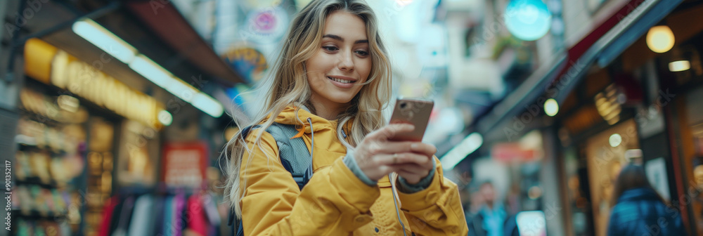 woman in a yellow jacket holding a smartphone, face obscured, in an urban street setting with blurred evening lights and buildings woman in a yellow jacket holding a smartphone, face obscured, in an urban street setting with blurred evening lights and buildings