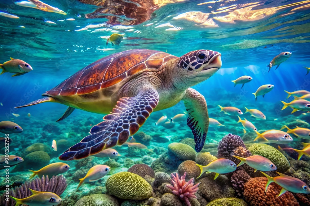 Fototapeta premium Serene sea turtle swims effortlessly in vibrant coral reef surrounded by schools of fish in crystal-clear turquoise tropical water, perfect for website headers.