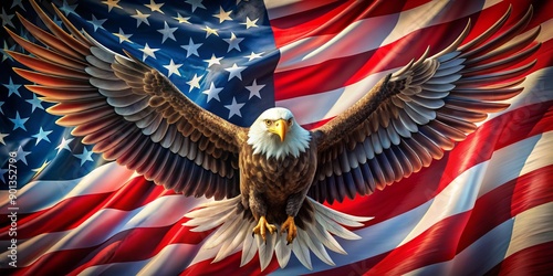 Vibrant graphic featuring a majestic eagle with outstretched wings and a heart at its center, surrounded by a waving national flag with bold red, white, and blue colors.
