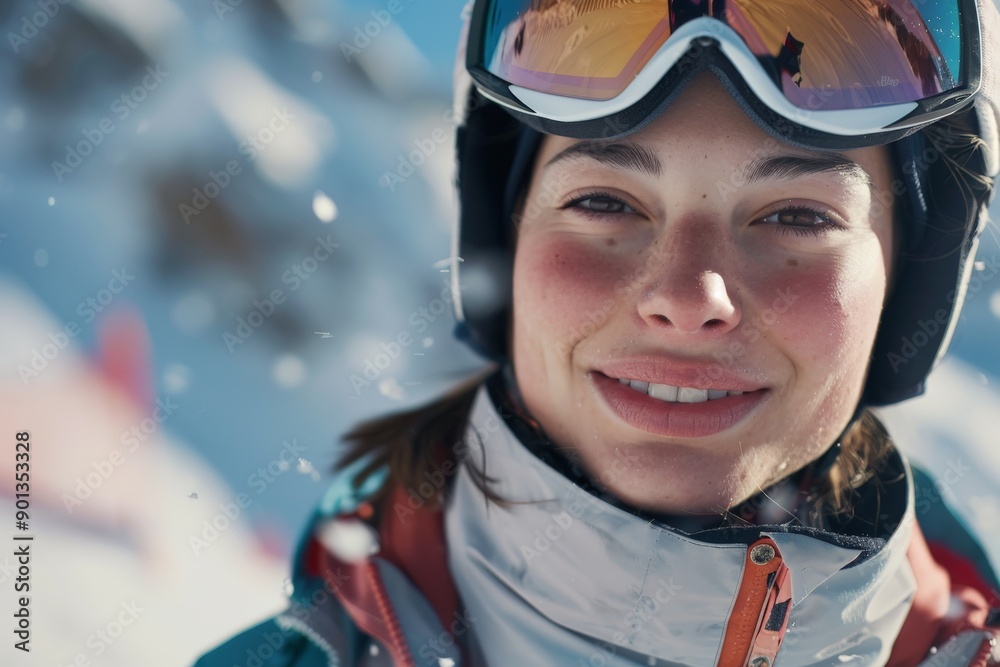 A cheerful female skier wearing goggles and helmet enjoys a sunny day in the snowy mountains, with snowflakes gently falling around her, showcasing her happiness. A cheerful female skier wearing goggles and helmet enjoys a sunny day in the snowy mountains, with snowflakes gently falling around her, showcasing her happiness.