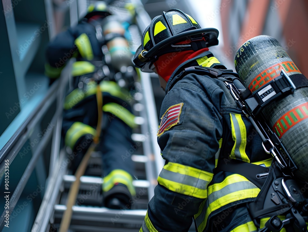 Stunning image of firefighters working together to maneuver a ground ladder, demonstrating the teamwork required for effective building access Stunning image of firefighters working together to maneuver a ground ladder, demonstrating the teamwork required for effective building access