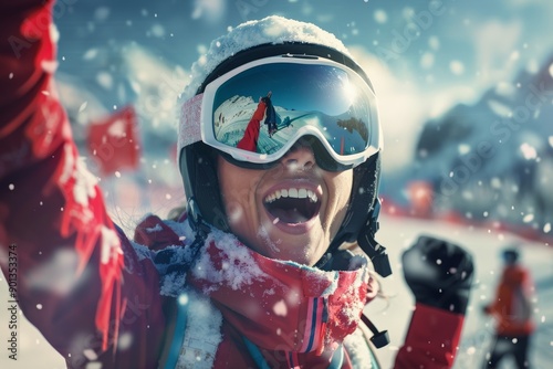 A snowboarder celebrating at the peak of a snowy mountain, embodying the thrill and sense of achievement after a successful run in the winter wonderland.