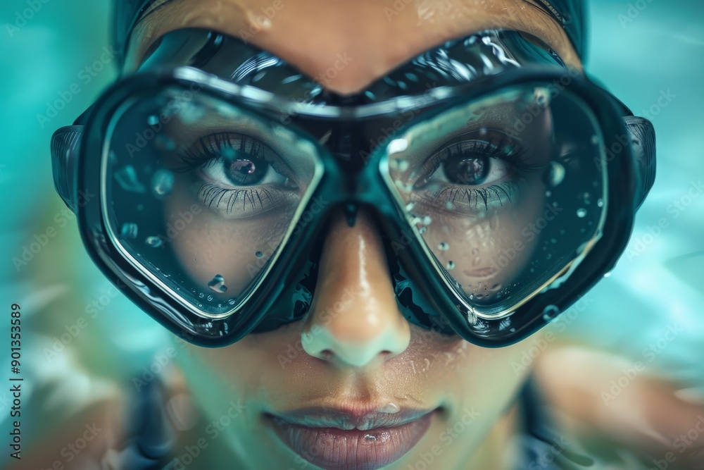An underwater image features a swimmer wearing a scuba mask, capturing the serene and adventurous experience of underwater exploration in a pool or ocean environment. An underwater image features a swimmer wearing a scuba mask, capturing the serene and adventurous experience of underwater exploration in a pool or ocean environment.
