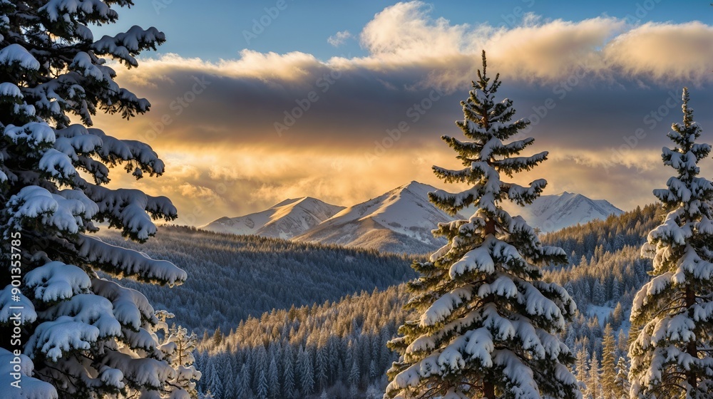 Snowy Mountain Landscape, Winter Sunrise, Pine Forest, Snow-Covered Trees, Majestic Peaks, Frosty Morning, Scenic Vista, Alpine Wilderness, Winter Wonderland, Mountain Photography