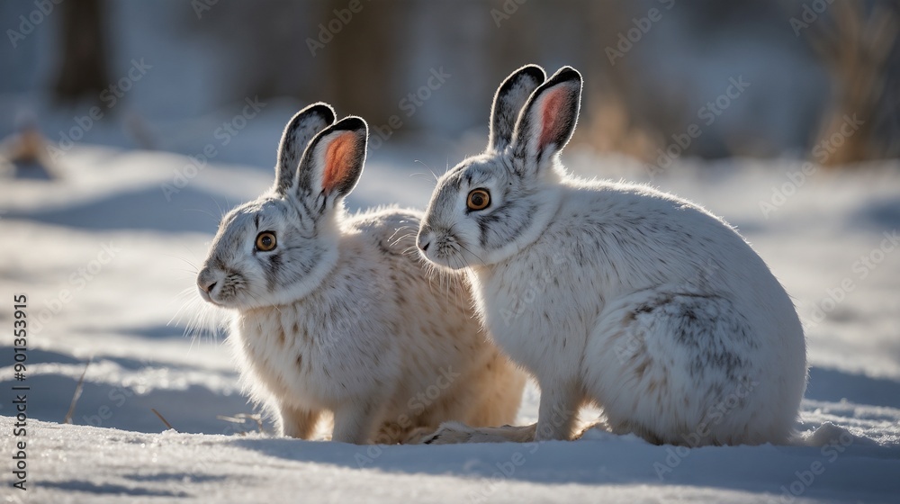 Snow Hares, Winter Wildlife, Arctic Animals, Frosty Morning, Snow-Covered Field, Winter Photography, Nature Portraits, White Fur, Winter Wonderland