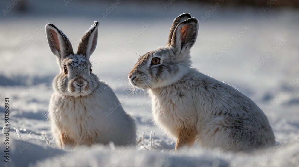 Snow Hares, Winter Wildlife, Arctic Animals, Frosty Morning, Snow-Covered Field, Winter Photography, Nature Portraits, White Fur, Winter Wonderland