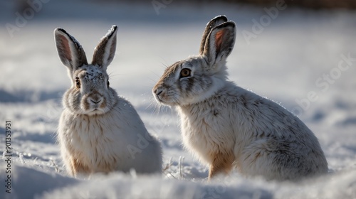 Obraz na płótnie Snow Hares, Winter Wildlife, Arctic Animals, Frosty Morning, Snow-Covered Field, Winter Photography, Nature Portraits, White Fur, Winter Wonderland w salonie