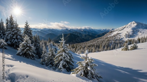 Obraz na płótnie Winter Mountains, Snow-Covered Pines, Alpine Landscape, Clear Blue Sky, Sunlit Peaks, Winter Wonderland, Serene Nature, Winter Adventure w salonie