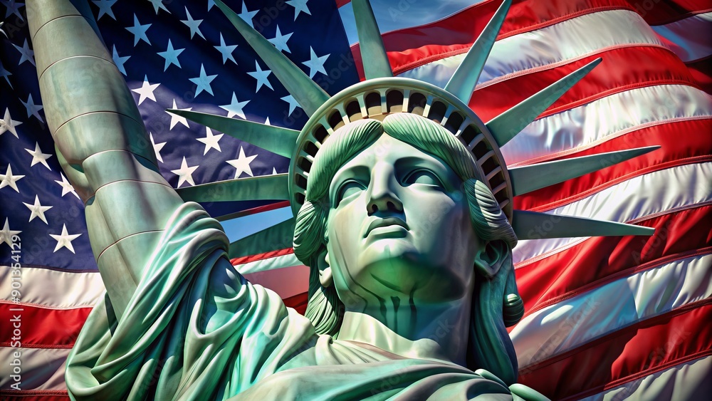 Obraz premium Patriotic illustration featuring iconic Lady Liberty's head in front of waving American flag with vibrant stars and stripes, symbolizing freedom and national pride.