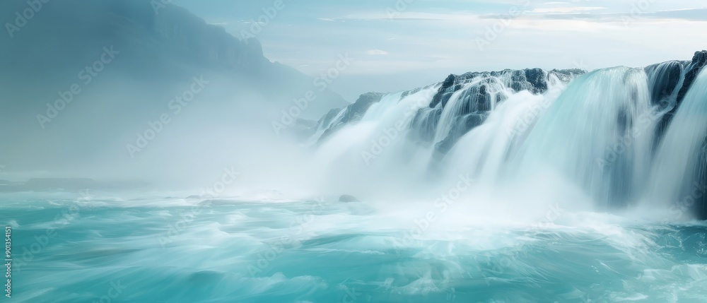A mesmerizing waterfall cascading into a tranquil turquoise pool, surrounded by mist and natural beauty. A mesmerizing waterfall cascading into a tranquil turquoise pool, surrounded by mist and natural beauty.
