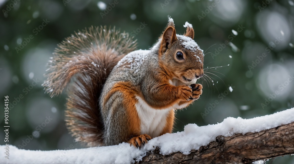 Snowy Squirrel, Winter Forest, Wildlife Photography, Nature Scene, Snowfall, Cute Animal, Woodland Creature, Seasonal Image, Winter Wonderland