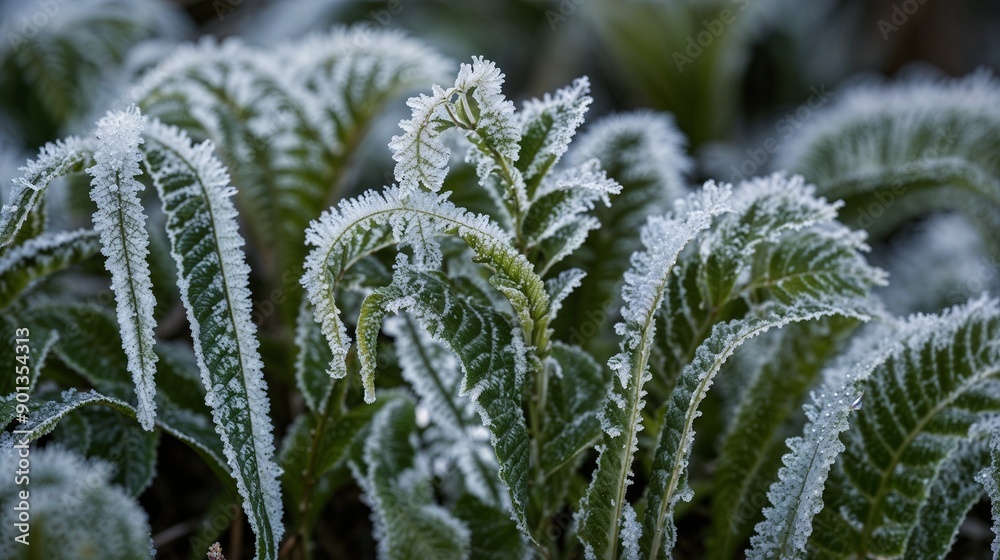Frosty Green Leaves, Winter Morning, Frozen Nature, Frost-Covered Plants, Cold Season, Natural Beauty, Close-Up, Ice Crystals, Detailed Photography