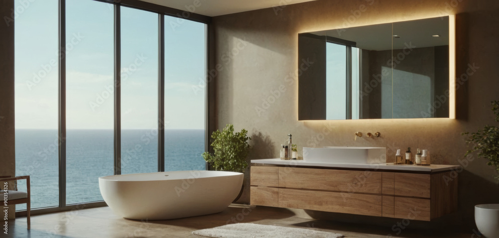 Fototapeta premium A bathroom with a floating vanity and large windows