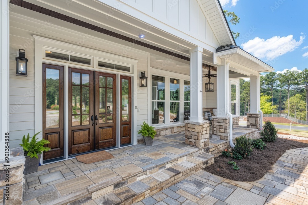 Front Door. Beautiful New Home Exterior with Covered Porch and Patio Front Door. Beautiful New Home Exterior with Covered Porch and Patio