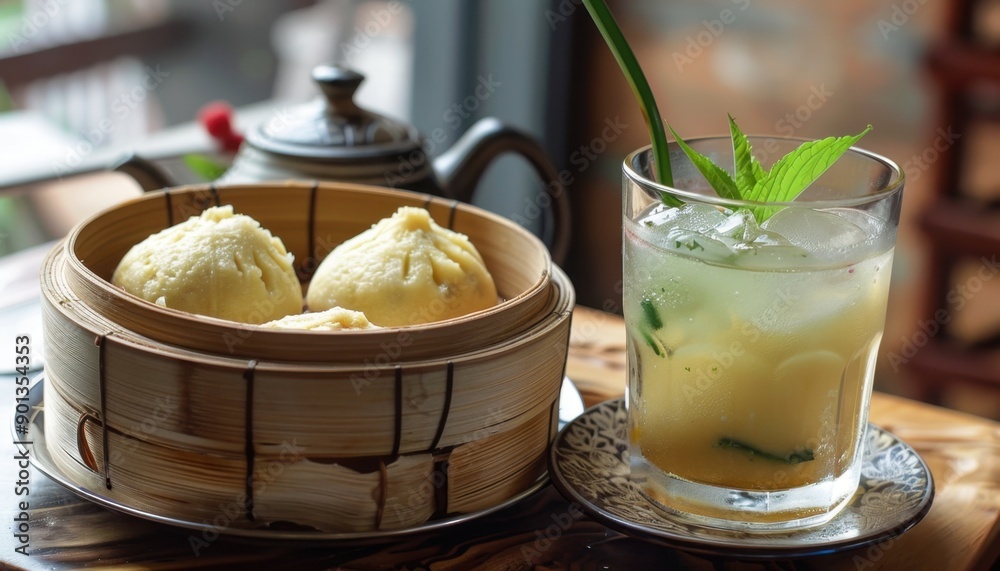 Steamed Buns and Iced Tea on a Table in a Restaurant Steamed Buns and Iced Tea on a Table in a Restaurant