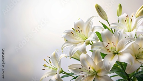 Delicate white pastel lilies arranged in a beautiful composition on a pristine white background, providing ample copy space for text or design elements.