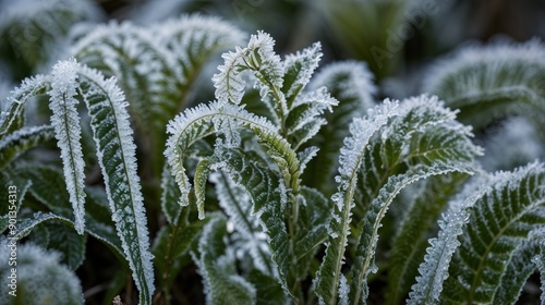 Obraz na płótnie Frosty Green Leaves, Winter Morning, Frozen Nature, Frost-Covered Plants, Cold Season, Natural Beauty, Close-Up, Ice Crystals, Detailed Photography w salonie