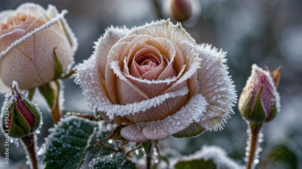 Frost-Covered Roses, Winter Blooms, Icy Petals, Delicate Flowers, Morning Frost, Nature Photography, Cold Season, Detailed Macro, Garden Beauty, Ice Crystals