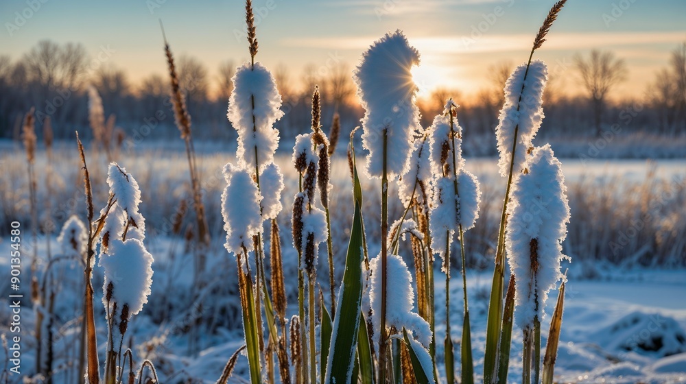 Frosty Cattails by Winter Lake, Snowy Reeds, Cold Morning, Nature Scene, Frozen Landscape, Icy Serenity, Winter Photography, Peaceful Pond, Winter's Beauty
