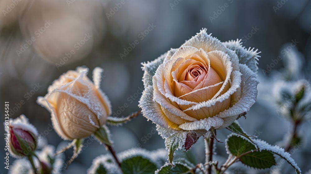 Frost-Covered Roses, Winter Blooms, Icy Petals, Delicate Flowers, Morning Frost, Nature Photography, Cold Season, Detailed Macro, Garden Beauty, Ice Crystals