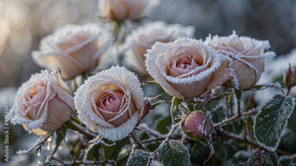 Frost-Covered Roses, Winter Blooms, Icy Petals, Delicate Flowers, Morning Frost, Nature Photography, Cold Season, Detailed Macro, Garden Beauty, Ice Crystals