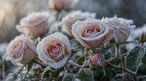 Obraz na płótnie Frost-Covered Roses, Winter Blooms, Icy Petals, Delicate Flowers, Morning Frost, Nature Photography, Cold Season, Detailed Macro, Garden Beauty, Ice Crystals w salonie