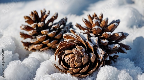 Frosty Pine Cones in Snow, Winter Nature, Icy Scenery, Frozen Forest, Cold Morning, Snowy Ground, Natural Beauty, Frosted Pines, Wintertime Photography