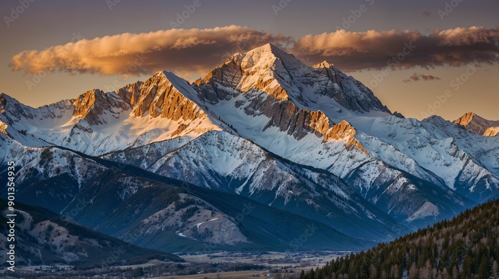 Snow-Capped Mountain Peaks at Sunrise, Majestic Alpine Landscape, Winter Wilderness, Pristine Nature, Rocky Mountains, High Altitude Scenery