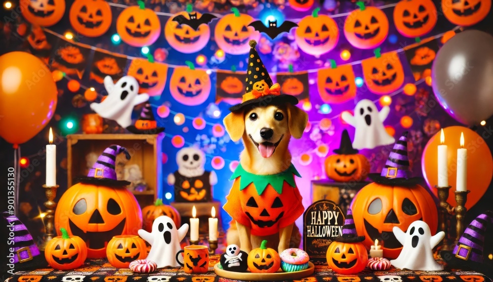Naklejka premium Dog in Pumpkin Costume with Halloween Decorations.