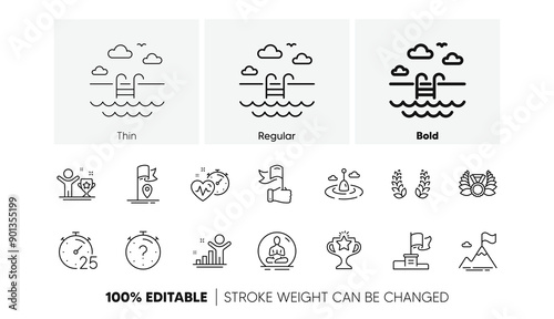 Victory, Laureate medal and Mountain flag line icons. Pack of Quiz, Winner, Leadership icon. Flag, Laurel wreath, Yoga pictogram. Fishing float, Cardio training, Swimming pool. Timer. Vector